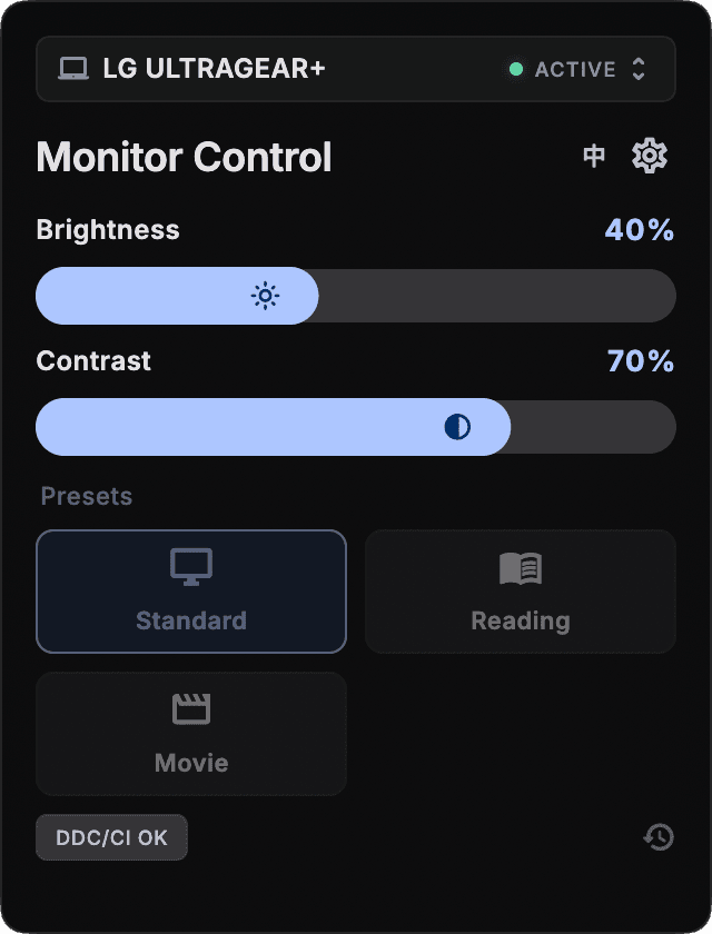 OSDless control panel with an active LG ULTRAGEAR+ monitor, brightness at 40%, and contrast at 70%